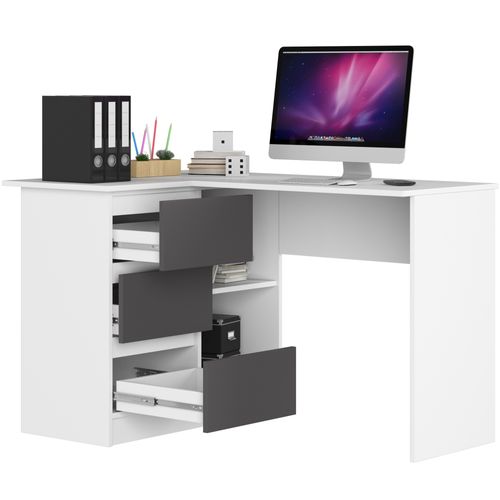Bureau Akord D'angle Gauche B16 Blanc 124 Cm 3 Tiroirs Façade Gris Graphite 2 Étagères 124x85x77 Cm