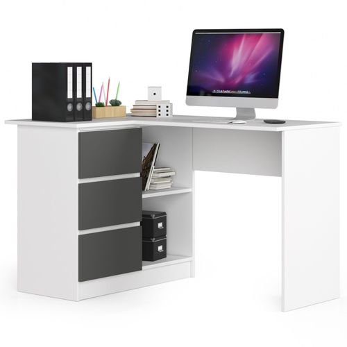 Bureau Akord D'angle Gauche B16 Blanc 124 Cm 3 Tiroirs Façade Gris Graphite 2 Étagères 124x85x77 Cm