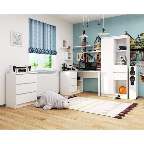 Bureau Akord D'angle Gauche B16 Blanc 124 Cm 3 Tiroirs Façade Gris Graphite 2 Étagères 124x85x77 Cm