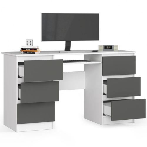 Bureau D'ordinateur A11 Blanc 135 Cm 6 Tiroirs Façade Gris Graphite 135x50x77 Cm
