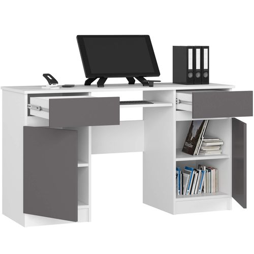 Bureau D'ordinateur Akord A5 Blanc 135 Cm 2 Portes 2 Tiroirs Façade Gris Graphite
