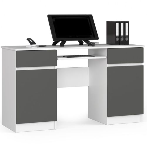 Bureau D'ordinateur Akord A5 Blanc 135 Cm 2 Portes 2 Tiroirs Façade Gris Graphite