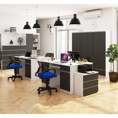 Bureau D'ordinateur Akord A5 Blanc 135 Cm 2 Portes 2 Tiroirs Façade Gris Graphite