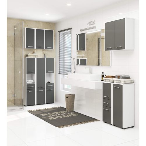 Colonne Salle De Bains Fin Blanche 30 Cm 2 Portes 1 Tiroir Façade Gris Graphite 3 Étagères 30x30x85