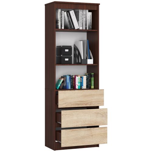 Bibliothèque De Bureau R60 Wengé 60 Cm 3 Tiroirs Façade Chêne Sonoma 3 Étagères 60x35x180 Cm