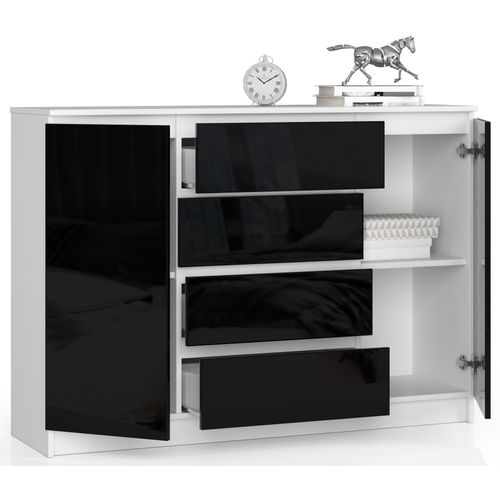 Commode K140 Blanche 138 Cm 2 Portes 4 Tiroirs Façade Noir Brillant 4 Étagères 138x40x99 Cm