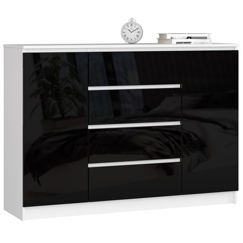 Commode K140 Blanche 138 Cm 2 Portes 4 Tiroirs Façade Noir Brillant 4 Étagères 138x40x99 Cm