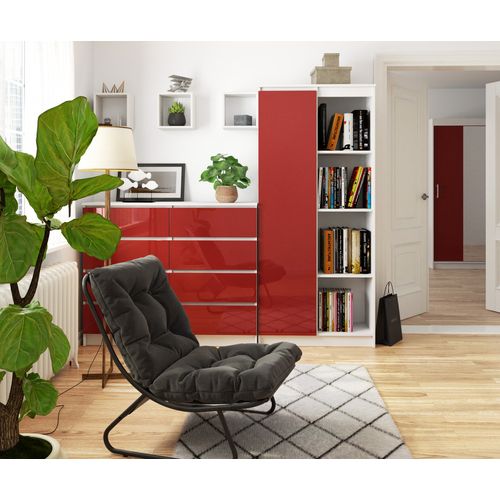 Bibliothèque De Bureau R80 Blanche 80 Cm 1 Porte Façade Rouge Brillante 8 Étagères 80x35x180