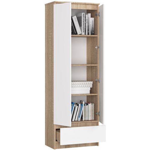 Bibliothèque De Bureau, Armoire R60 Sonoma 60 Cm 2 Portes 1 Tiroir Façade Blanche 4 Étagères