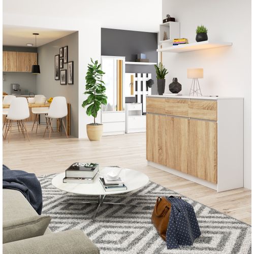Commode K140 Blanche 138 Cm 3 Portes 3 Tiroirs Façade Chêne Sonoma 6 Étagères 138x40x99 Cm