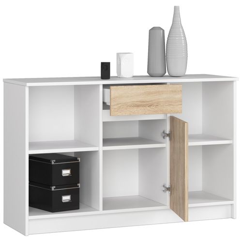 Commode B17 Blanche 120 Cm 1 Porte 1 Tiroir Façade Chêne Sonoma 6 Étagères 120x40x77 Cm