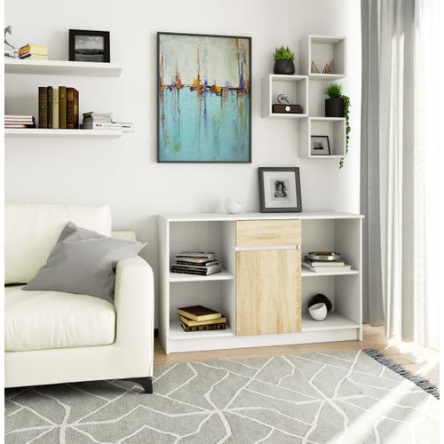 Commode B17 Blanche 120 Cm 1 Porte 1 Tiroir Façade Chêne Sonoma 6 Étagères 120x40x77 Cm