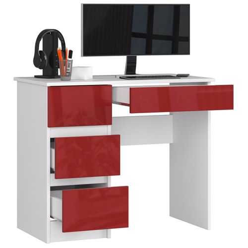Bureau D'ordinateur Gauche A7 Blanc 90 Cm 4 Tiroirs Façade Rouge Brillante 90x50x77 Cm