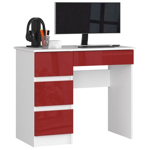 Bureau D'ordinateur Gauche A7 Blanc 90 Cm 4 Tiroirs Façade Rouge Brillante 90x50x77 Cm