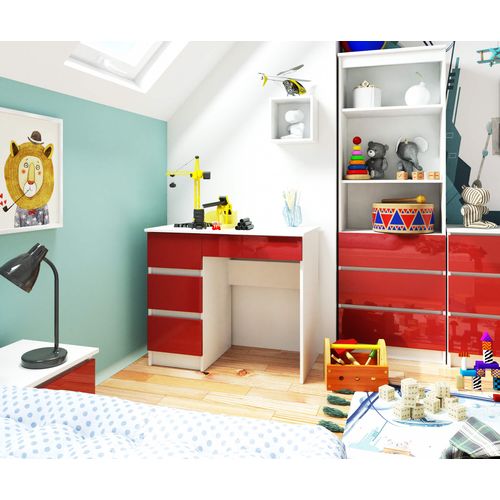 Bureau D'ordinateur Gauche A7 Blanc 90 Cm 4 Tiroirs Façade Rouge Brillante 90x50x77 Cm