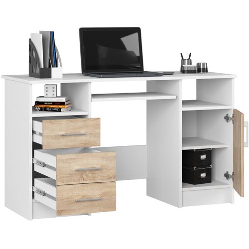 Bureau D'ordinateur Akord Ana Blanc 124 Cm 1 Porte 3 Tiroirs Façade Chêne Sonoma