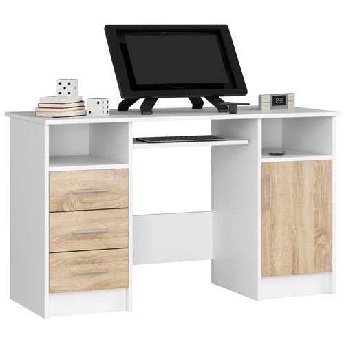 Bureau D'ordinateur Akord Ana Blanc 124 Cm 1 Porte 3 Tiroirs Façade Chêne Sonoma