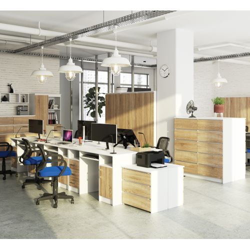 Bureau D'ordinateur Akord Ana Blanc 124 Cm 1 Porte 3 Tiroirs Façade Chêne Sonoma