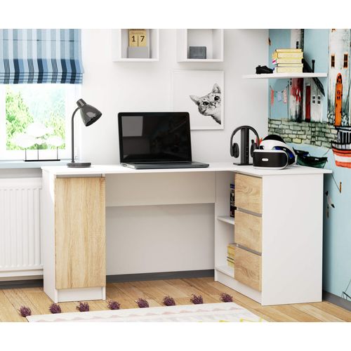 Grand Bureau D'angle Akord Droit B20 Blanc 155 Cm 1 Porte 3 Tiroirs Façade Chêne Sonoma