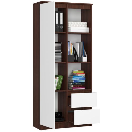 Bibliothèque De Bureau R11 Wengé 80 Cm 1 Porte 2 Tiroirs Façade Blanche 7 Étagères 80x35x180