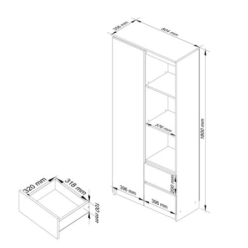 Bibliothèque De Bureau R11 Wengé 80 Cm 1 Porte 2 Tiroirs Façade Blanche 7 Étagères 80x35x180