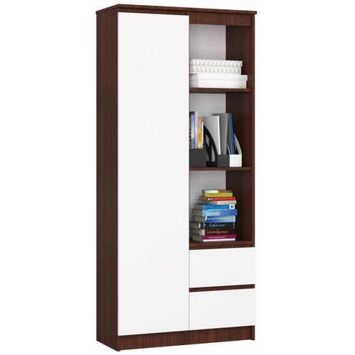 Bibliothèque De Bureau R11 Wengé 80 Cm 1 Porte 2 Tiroirs Façade Blanche 7 Étagères 80x35x180