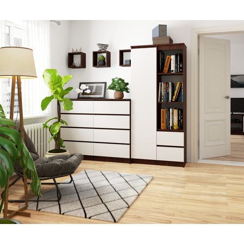 Bibliothèque De Bureau R11 Wengé 80 Cm 1 Porte 2 Tiroirs Façade Blanche 7 Étagères 80x35x180