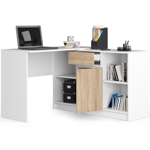 Ensemble D'angle, Bureau B17 Avec Commode Blanc 120 1 Porte 1 Tiroir Façade Sonoma 6 Étagères