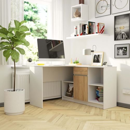 Ensemble D'angle, Bureau B17 Avec Commode Blanc 120 1 Porte 1 Tiroir Façade Sonoma 6 Étagères