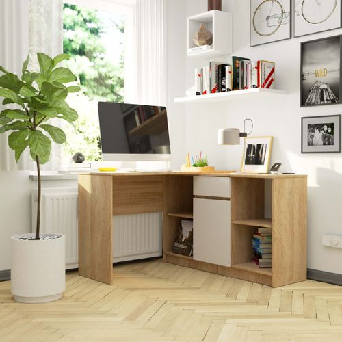 Ensemble D'angle Akord Bureau B17 Avec Commode Chêne Sonoma 120 Cm 1 Porte 1 Tiroir Façade Blanche