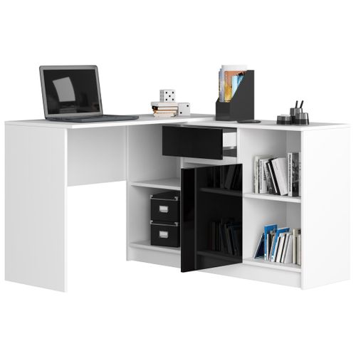 Ensemble D'angle, Bureau B17 Avec Commode Blanc 120 Cm 1 Porte 1 Tiroir Façade Noir Brillant