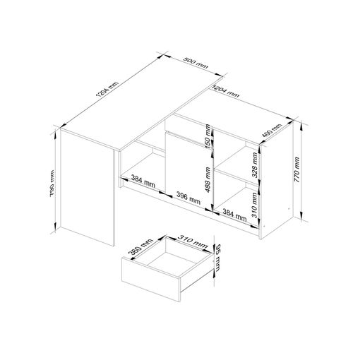 Ensemble D'angle, Bureau B17 Avec Commode Blanc 120 Cm 1 Porte 1 Tiroir Façade Noir Brillant