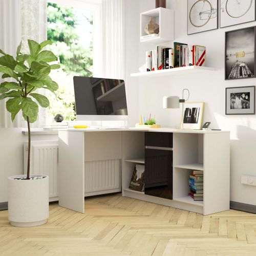 Ensemble D'angle, Bureau B17 Avec Commode Blanc 120 Cm 1 Porte 1 Tiroir Façade Noir Brillant