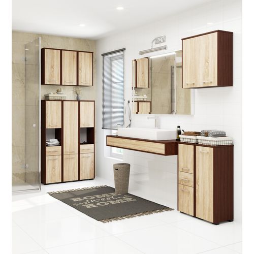 Armoire Salle De Bains Fin Accr. Au Mur Wengé 60 Cm 2 Portes Façade Chêne Sonoma 2 Étagères