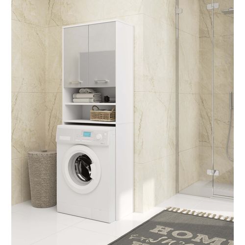 Colonne Salle De Bains Fin Blanche 64 Cm 2 Portes Façade Métallique Brillant 4 Étagères 64x30x180 Cm