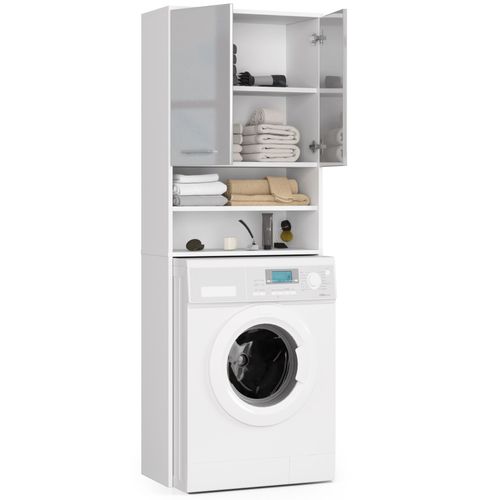 Colonne Salle De Bains Fin Blanche 64 Cm 2 Portes Façade Métallique Brillant 4 Étagères 64x30x180 Cm