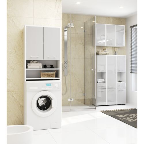 Colonne Salle De Bains Fin Blanche 64 Cm 2 Portes Façade Métallique Brillant 4 Étagères 64x30x180 Cm