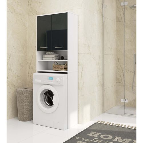 Colonne Salle De Bains Fin Blanche 64 Cm 2 Portes Façade Graphite Brillant 4 Étagères 64x30x180 Cm