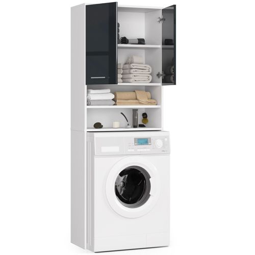 Colonne Salle De Bains Fin Blanche 64 Cm 2 Portes Façade Graphite Brillant 4 Étagères 64x30x180 Cm