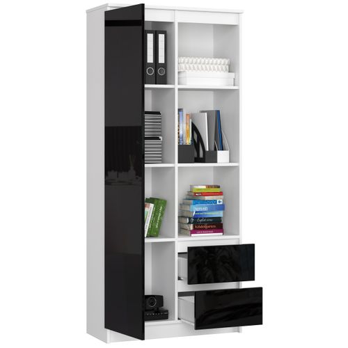 Bibliothèque De Bureau R11 Blanche 80 Cm 1 Porte 2 Tiroirs Façade Noir Brillant 7 Étagères