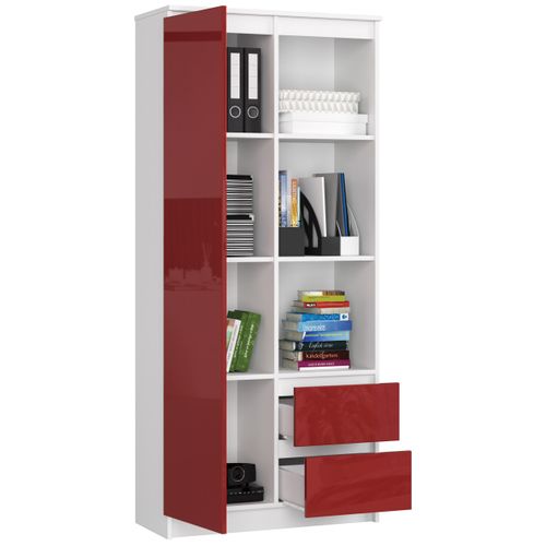 Bibliothèque De Bureau R11 Blanche 80 Cm 1 Porte 2 Tiroirs Façade Rouge Brillante 7 Étagères