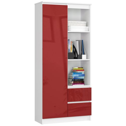 Bibliothèque De Bureau R11 Blanche 80 Cm 1 Porte 2 Tiroirs Façade Rouge Brillante 7 Étagères