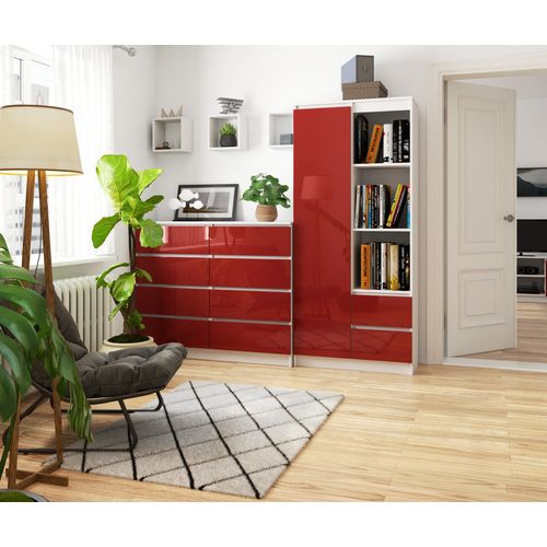 Bibliothèque De Bureau R11 Blanche 80 Cm 1 Porte 2 Tiroirs Façade Rouge Brillante 7 Étagères
