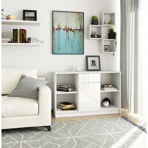 Commode B17 Blanche 120 Cm 1 Porte 1 Tiroir Façade Blanche Brillante 6 Étagères 120x40x77 Cm