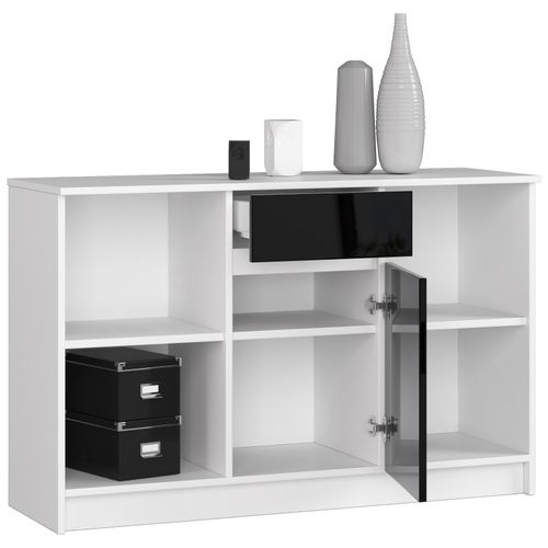 Commode B17 Blanche 120 Cm 1 Porte 1 Tiroir Façade Noir Brillant 6 Étagères 120x40x77 Cm