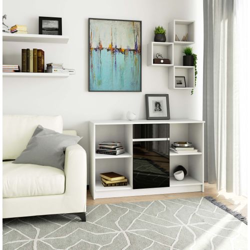 Commode B17 Blanche 120 Cm 1 Porte 1 Tiroir Façade Noir Brillant 6 Étagères 120x40x77 Cm