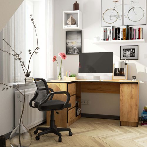 Grand Bureau D'angle Akord Gauche B20 Chêne Craft 155 Cm 1 Porte 3 Tiroirs Façade Chêne Craft