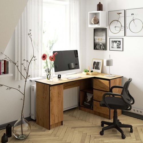 Bureau Akord D'angle Droit B20 Chêne Craft 155 Cm 1 Porte 3 Tiroirs Façade Chêne Craft