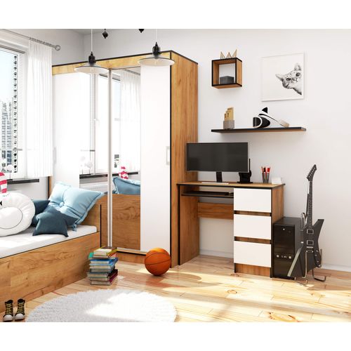 Bureau D'ordinateur Droit A6 Chêne Craft 90 Cm 3 Tiroirs Façade Blanche 1 Étagère 90x50x77 Cm