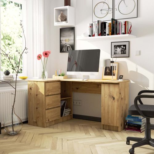 Grand Bureau D'angle Gauche B20 Chêne Artisan 155 Cm 1 Porte 3 Tiroirs Façade Chêne Artisan